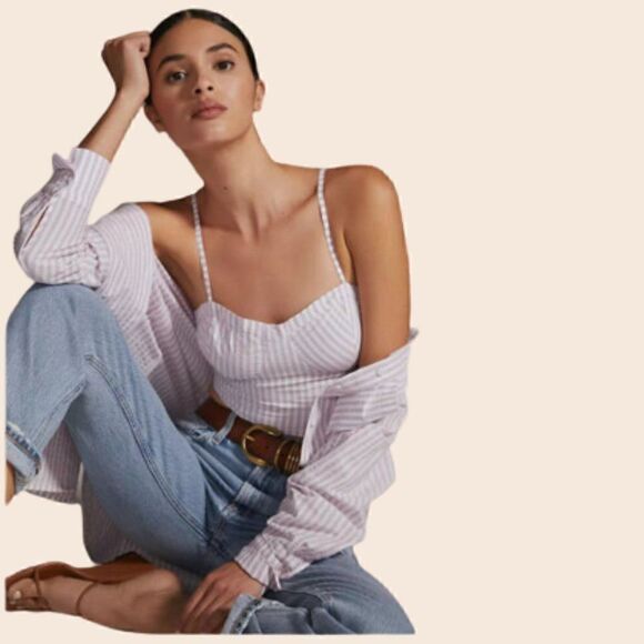 Anthropologie Bustier Top Striped Seersucker Printed Sleeveless Crop Top Size 1x - Picture 4 of 11